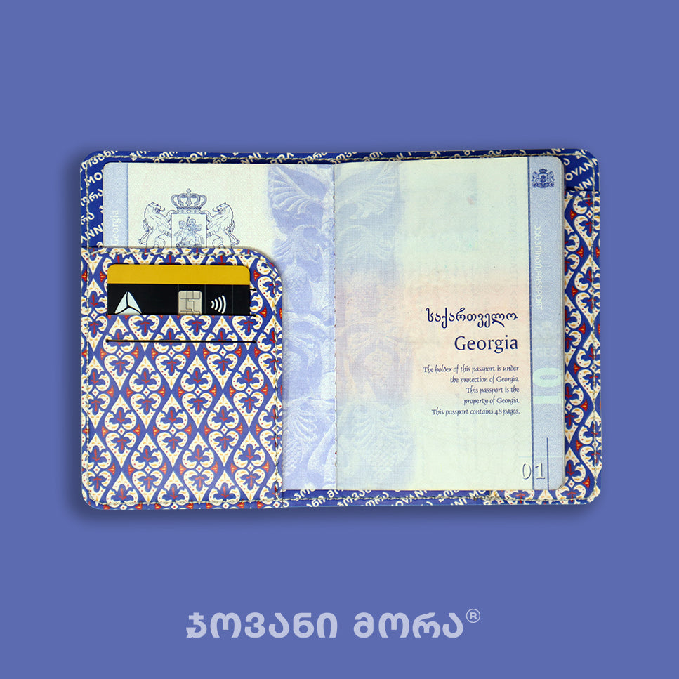 Blue vegan leather passport holder with Affection print by Giovanni Morra