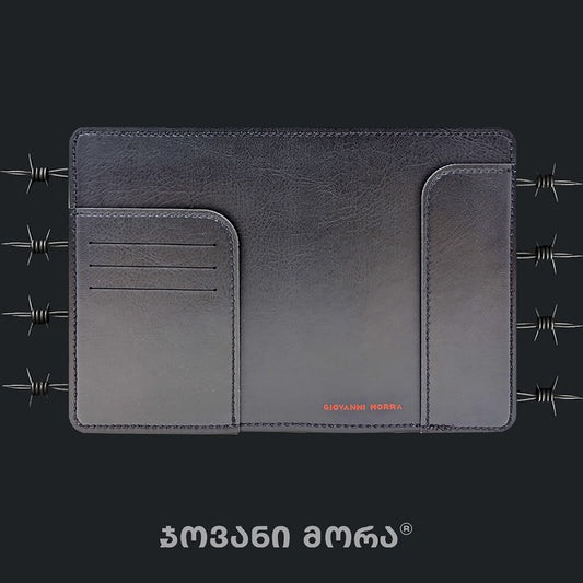 Inside view of black and brown Occupation passport holder by Giovanni Morra